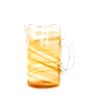 A clear glass pitcher with a white handle, decorated with diagonal bands of orange and yellow marbled swirls, isolated on a white background.